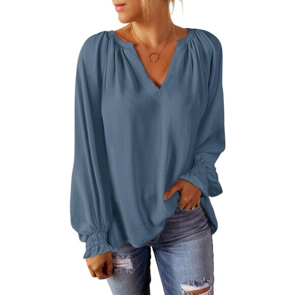 Womens Blue Stylish, Elegant Smocked Long Sleeve V Neck Casual Chiffon Shirt Top - Picture 3 of 4